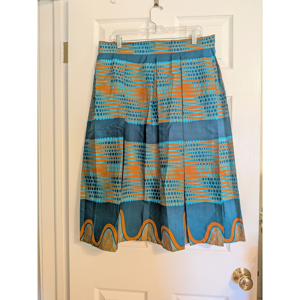 Brigida de Jesus Mozambique Wax Cloth Pleated Midi Skirt Teal Orange Geometric
